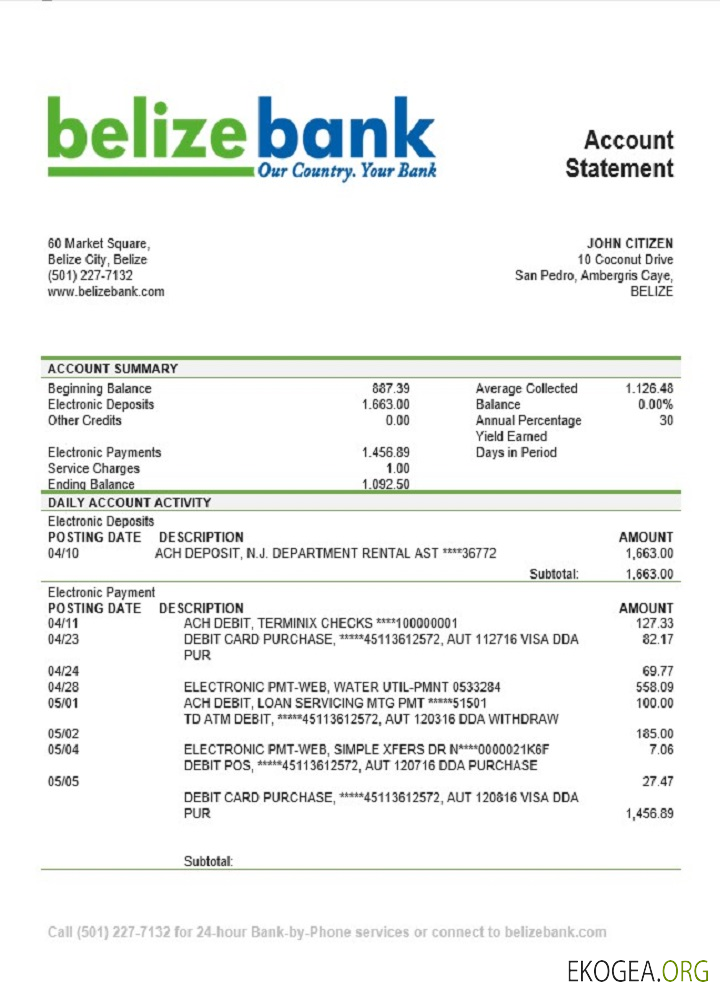 Relevé bancaire Belize Bank